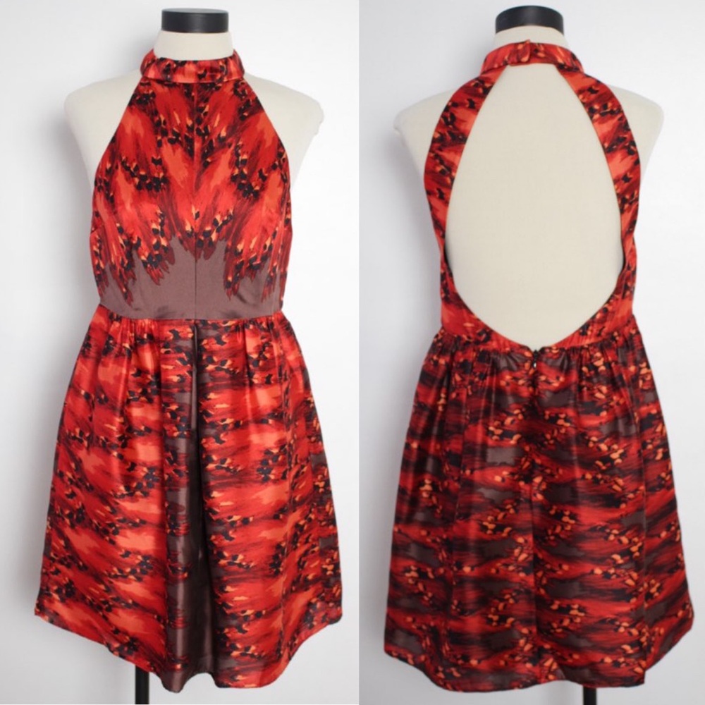 TIBI Silk Open Back Mini Evening Formal Dress sz 6 Sleeveless Red Brown